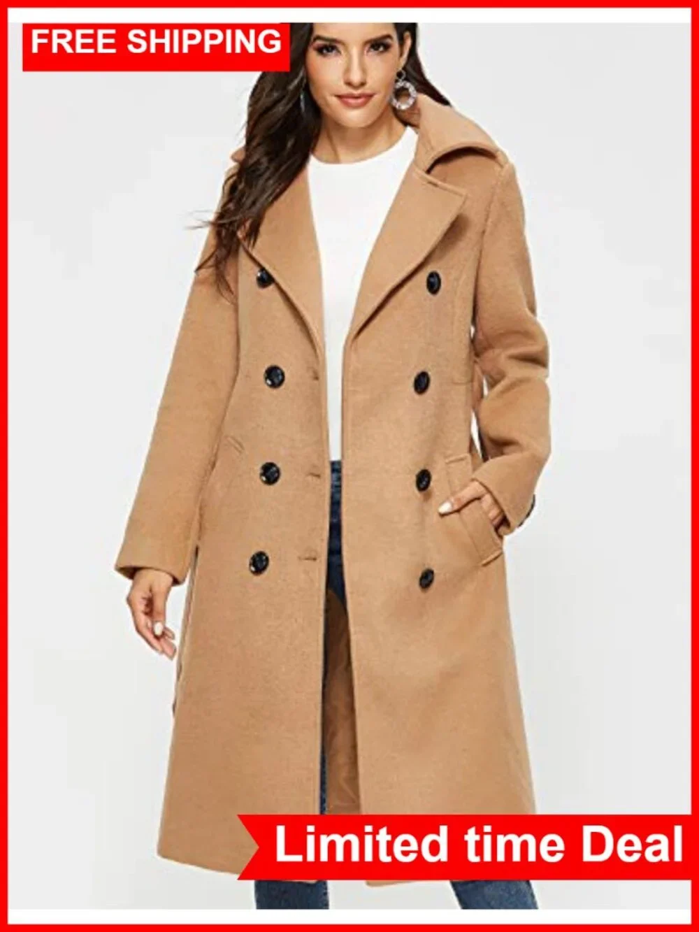 Wool Trench Coat Double Breasted Pea Coat Long Winter Coat with Belt